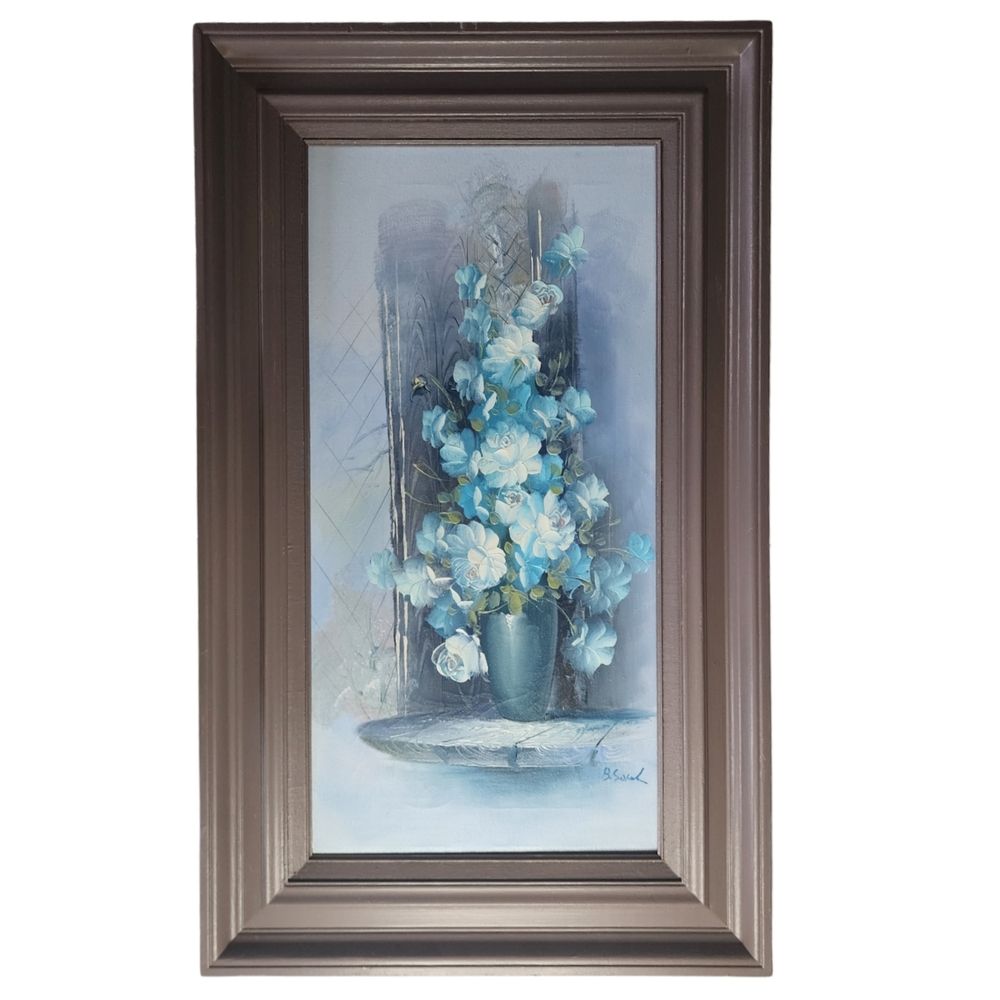 Vintage B. Sokal Blue Floral Oil Painting Textured Palette Knife Framed Wall Art